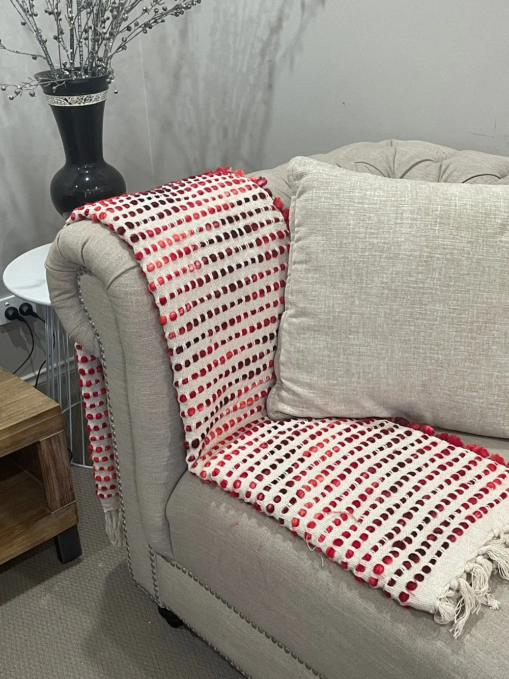Bohemian Beige Red Stripe Cotton Wool Bedding Tufted Throw Blanket