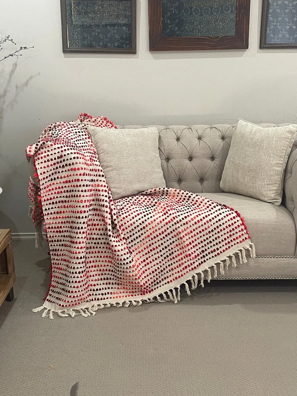 Bohemian Beige Red Stripe Cotton Wool Bedding Tufted Throw Blanket