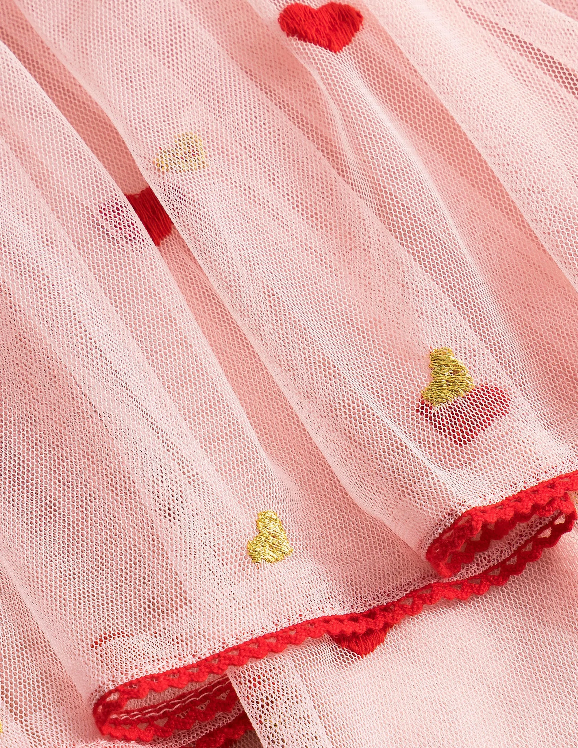 Embroidered Tulle Skirt-Pink Heart Embroidery