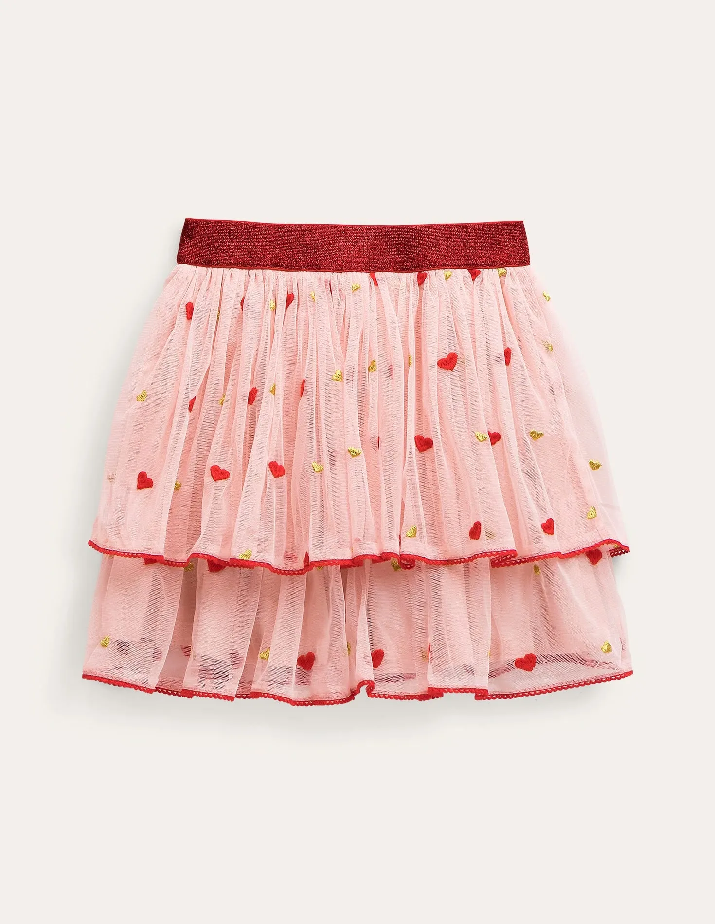 Embroidered Tulle Skirt-Pink Heart Embroidery