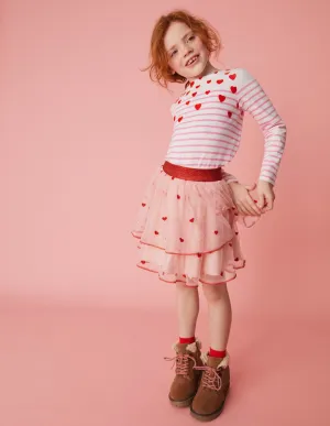 Embroidered Tulle Skirt-Pink Heart Embroidery