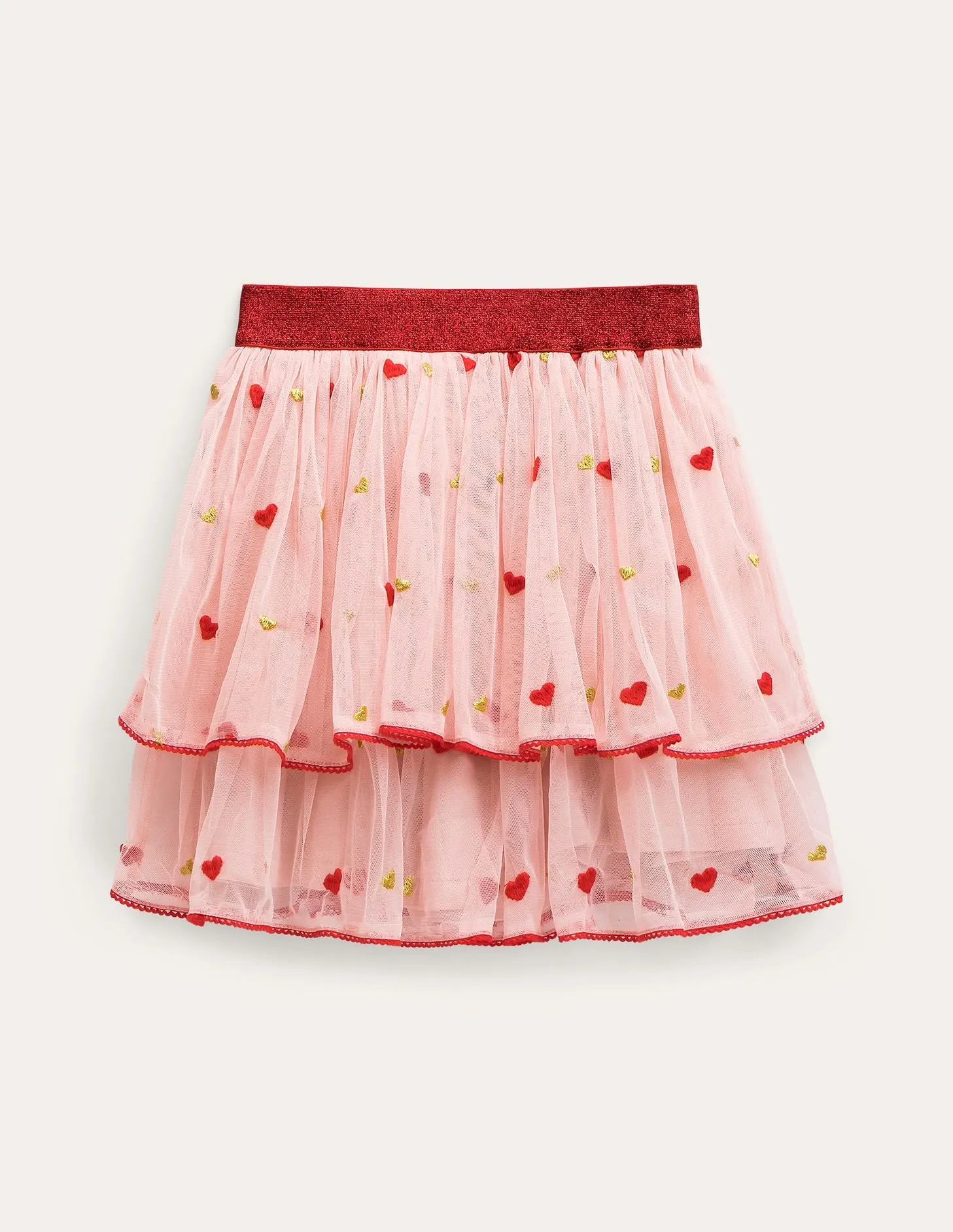 Embroidered Tulle Skirt-Pink Heart Embroidery